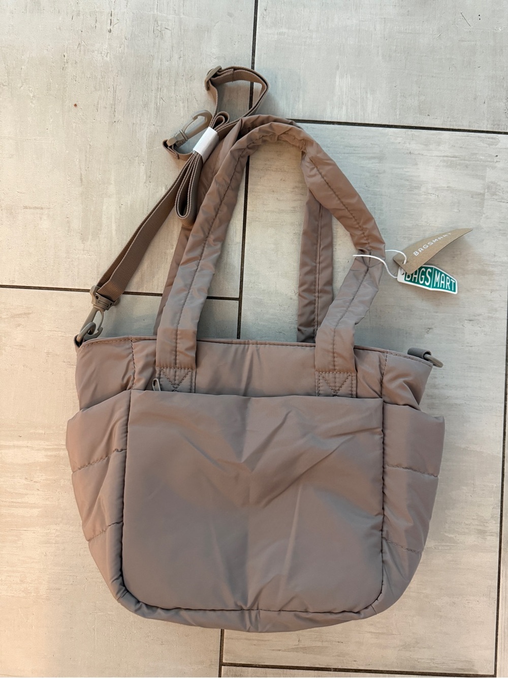 NWT Puffy Light Brown Quilted Tote Bag with Adjustable Strap